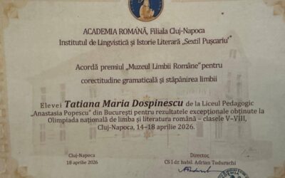 O formă de recunoaștere a meritelor unui elev foarte bun, care nu poate decât să ne bucure. Felicitări, Tatiana Dospinescu! Felicitări dnei prof. de limba română Simona Caucă, dar și dnei ei învățătoare, Andra Pasmangiu!